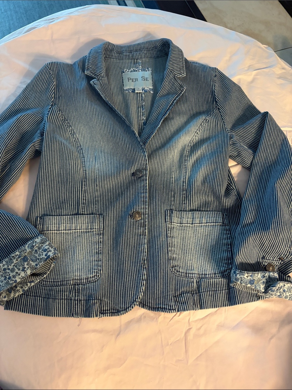 Per Se Blue and White Pinstripe Cotton Blazer